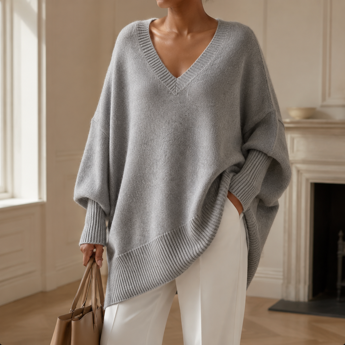 Grey V neck jumper with batwing sleeves styled with white trousers in a warm townhouse interior.