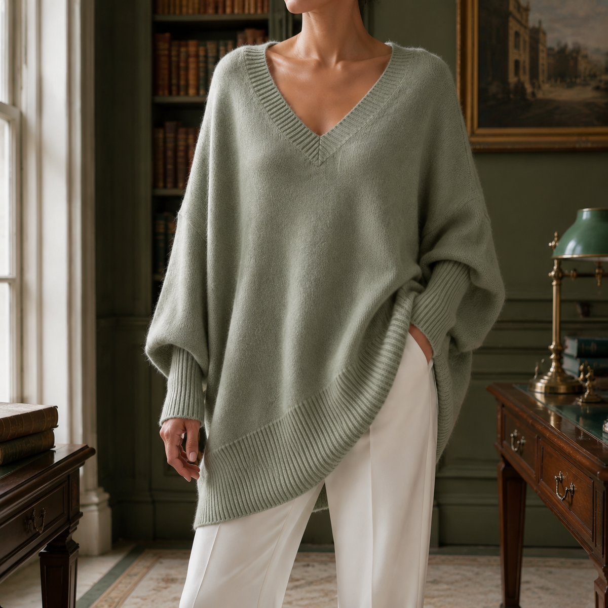 Matcha green V neck jumper with batwing sleeves styled in a refined London interior.