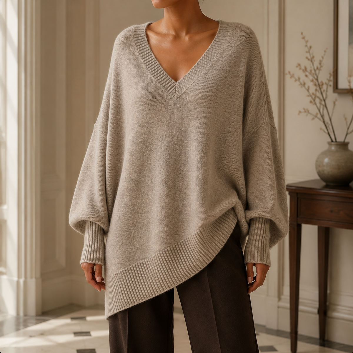 Khaki V neck jumper with batwing sleeves shown in a relaxed front fashion pose.