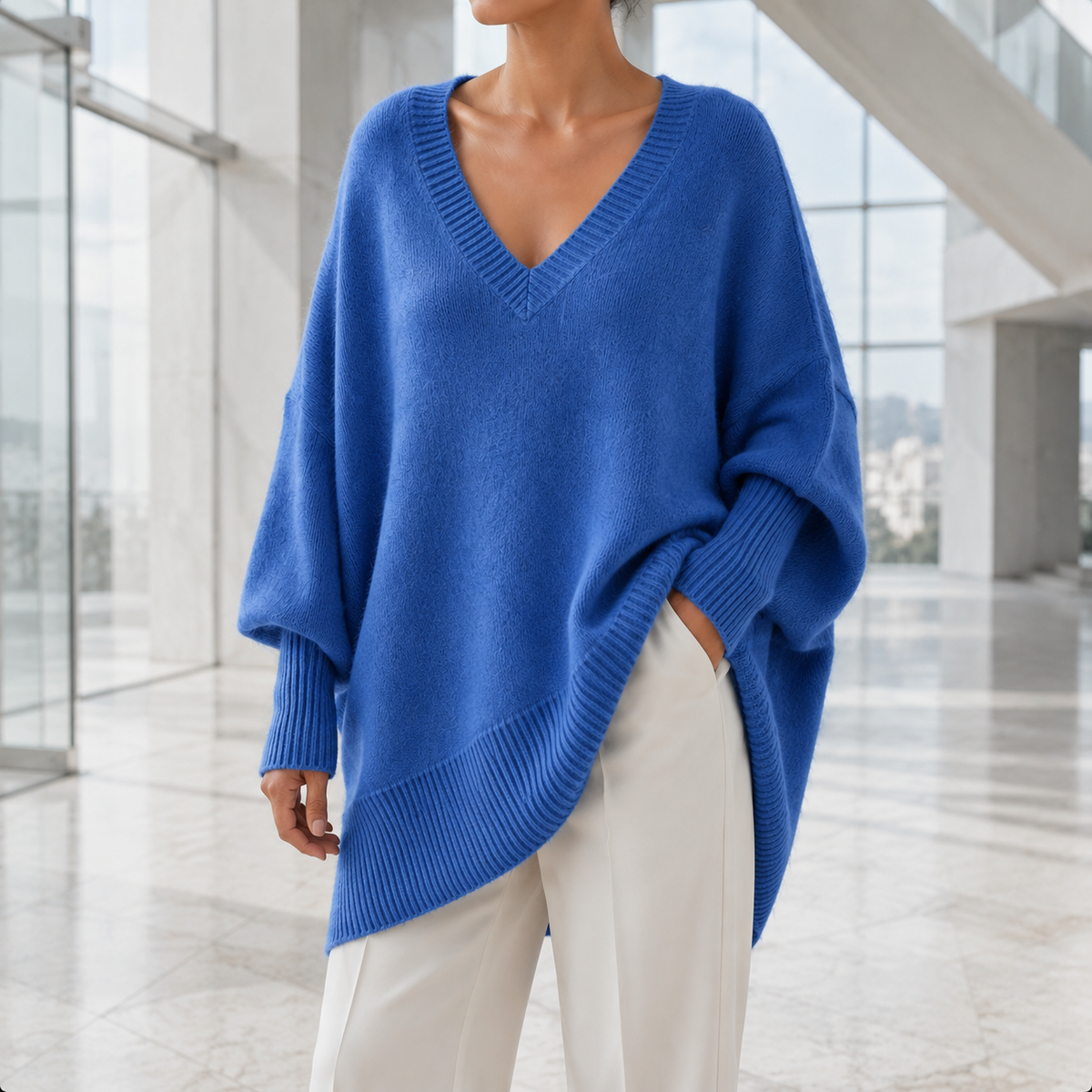 Royal blue V neck jumper with batwing sleeves shown in a polished London setting.