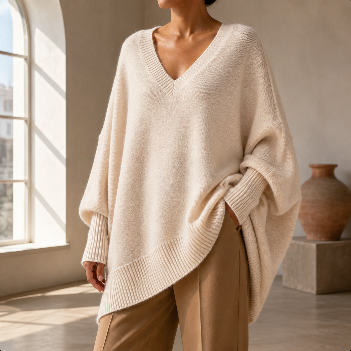 Apricot V neck jumper with batwing sleeves shown in a soft neutral interior.