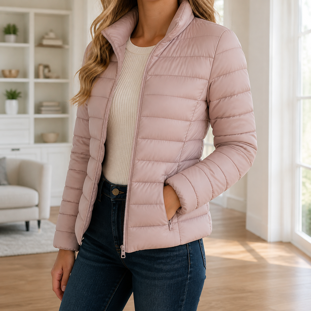 Womens Lightweight Puffer Jacket in pale pinkish grey, view 1
