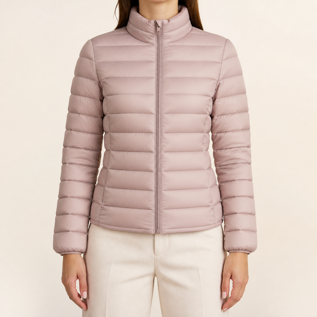 Womens Lightweight Puffer Jacket in pale pinkish grey, view 2