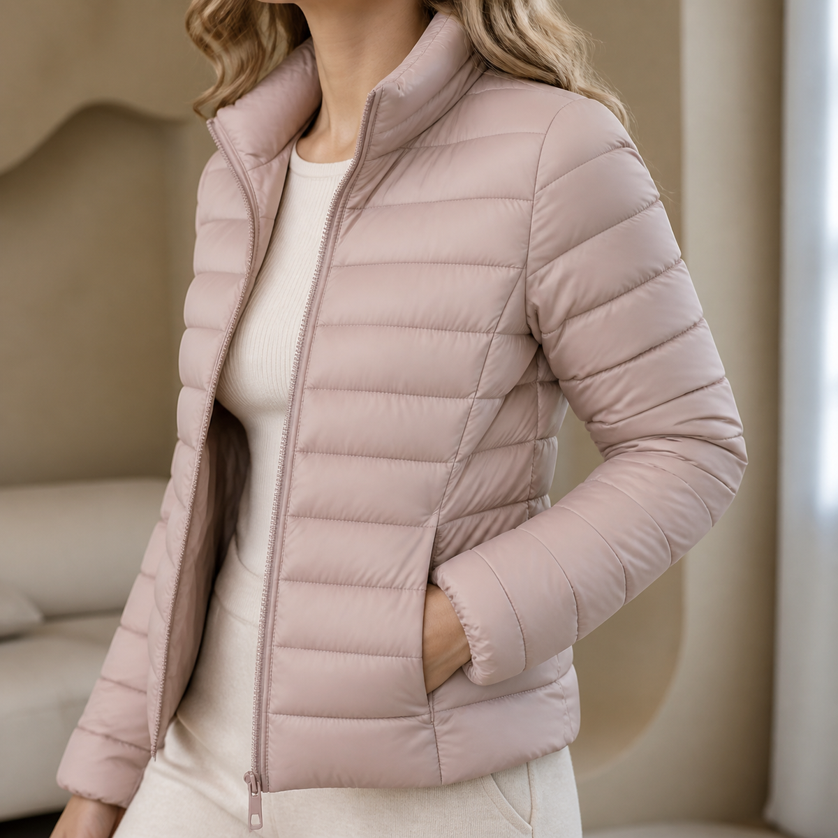 Womens Lightweight Puffer Jacket in pale pinkish grey, view 3