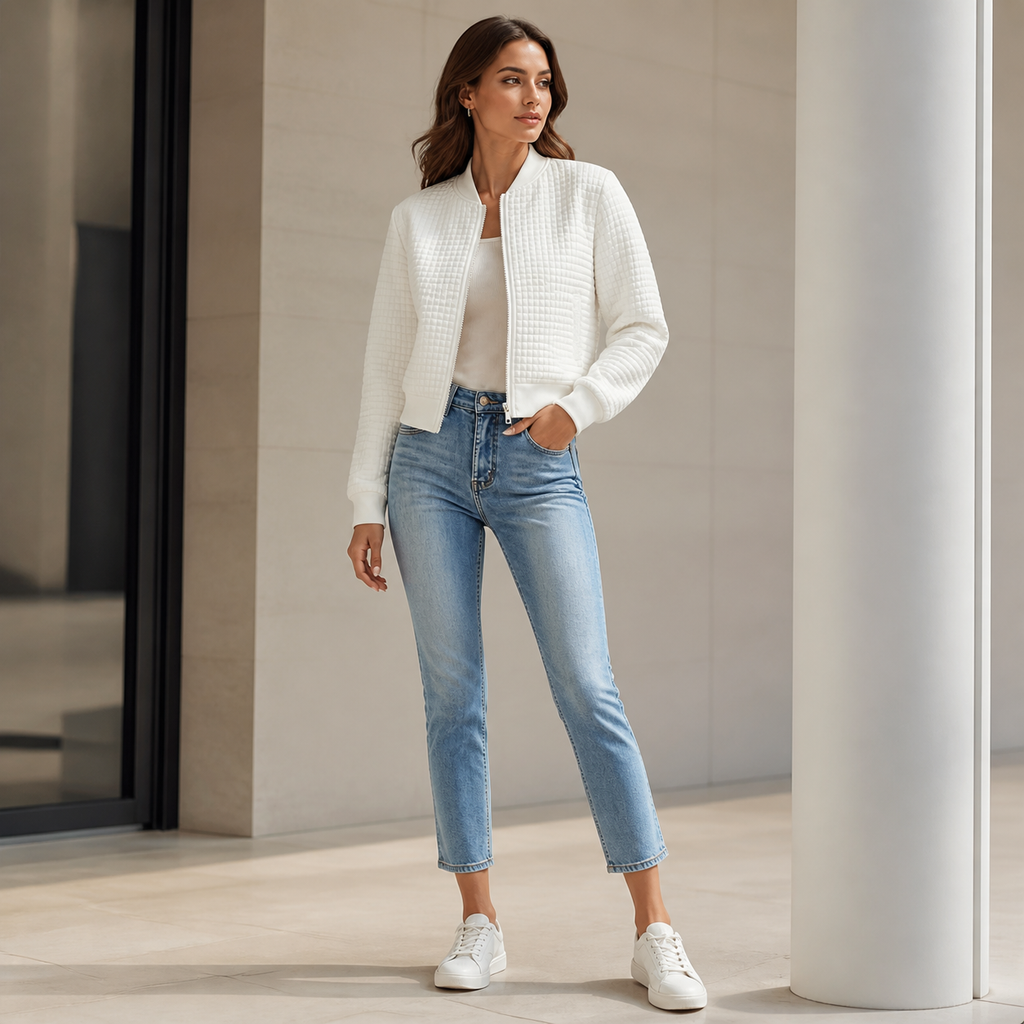 Womens Embossed Bomber Jacket in white, view 1