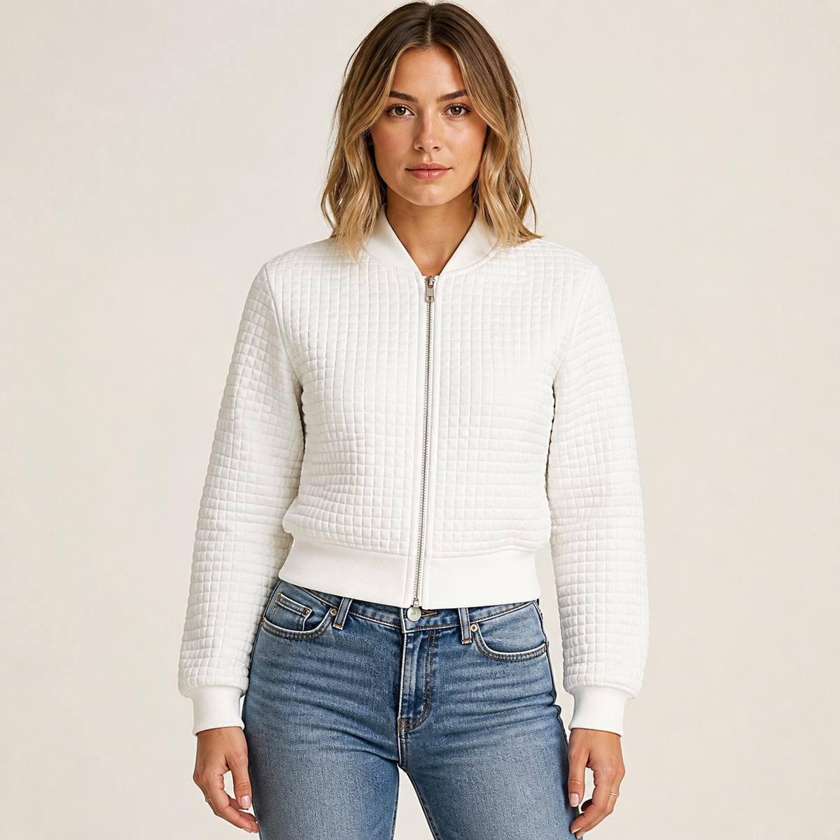 Womens Embossed Bomber Jacket in white, view 2