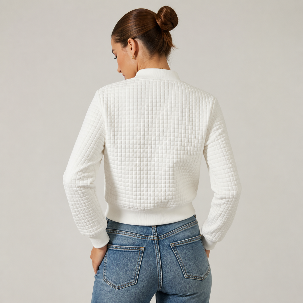 Womens Embossed Bomber Jacket in white, view 4