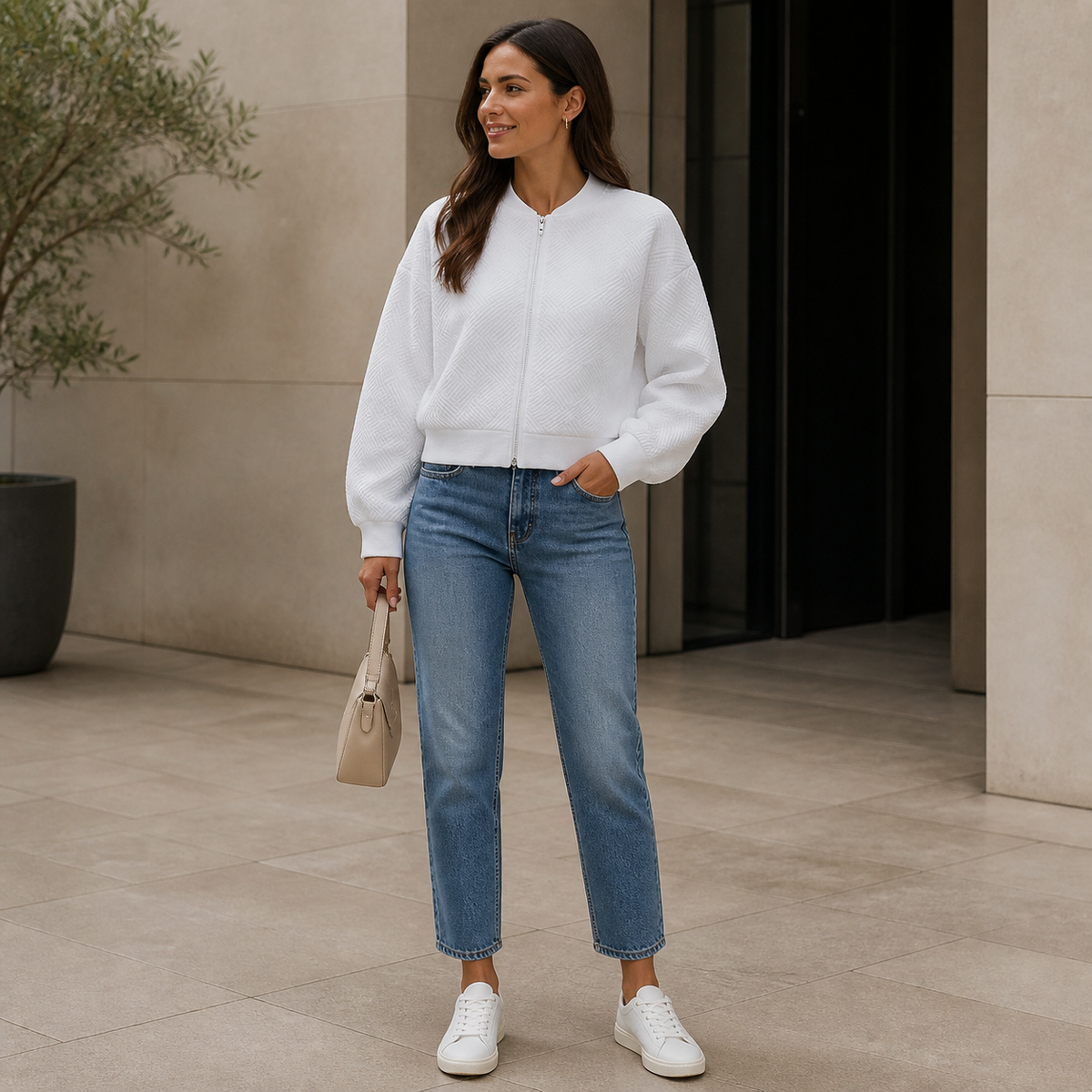 Womens Textured Zip Jacket in white, view 1