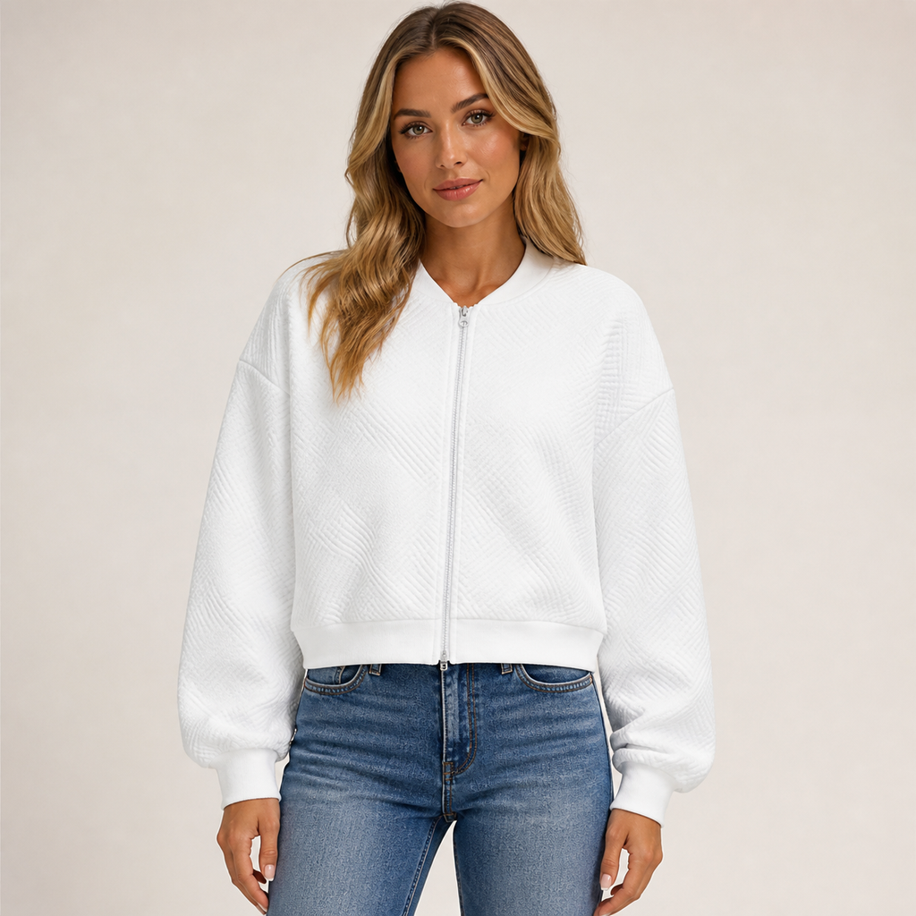 Womens Textured Zip Jacket in white, view 2
