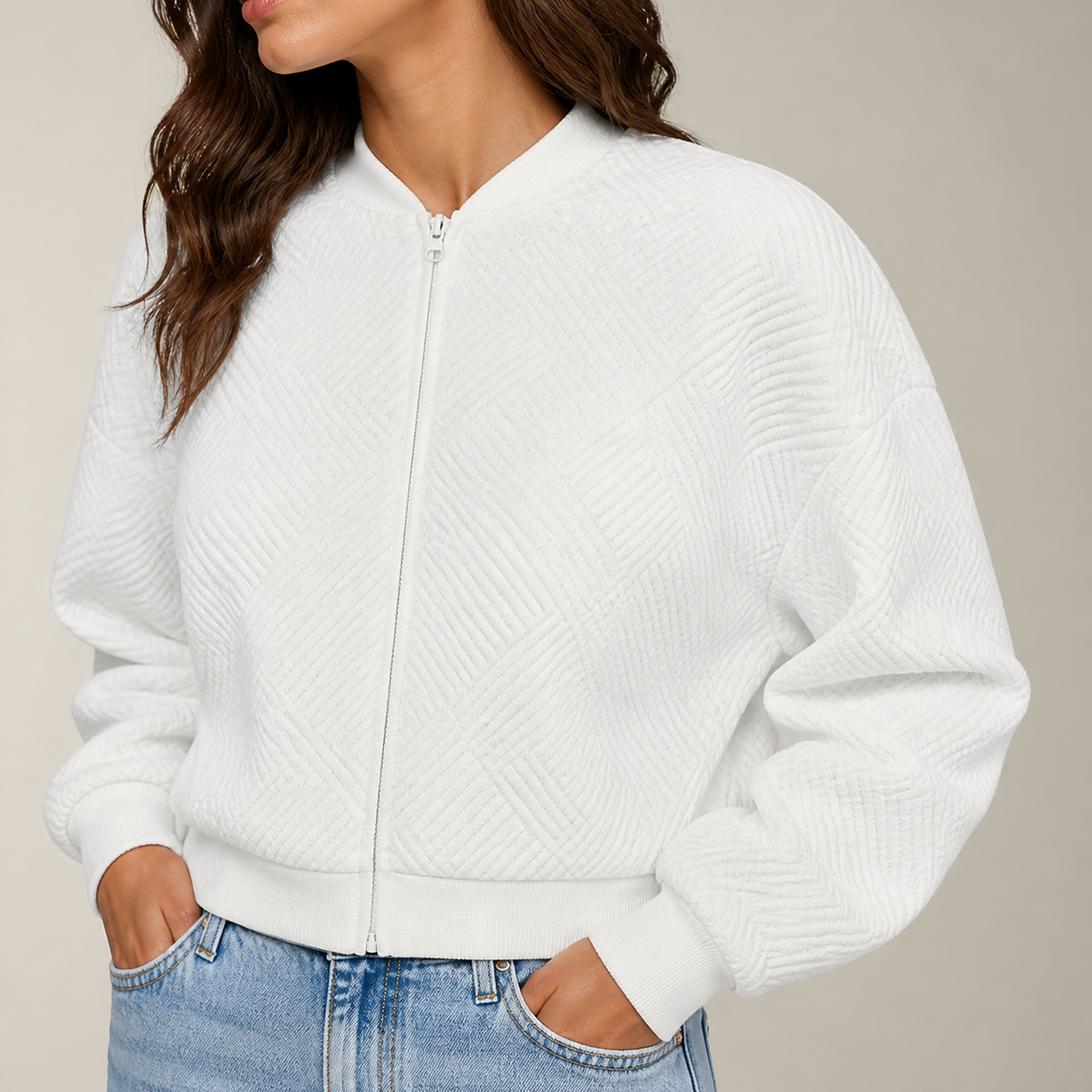 Womens Textured Zip Jacket in white, view 3