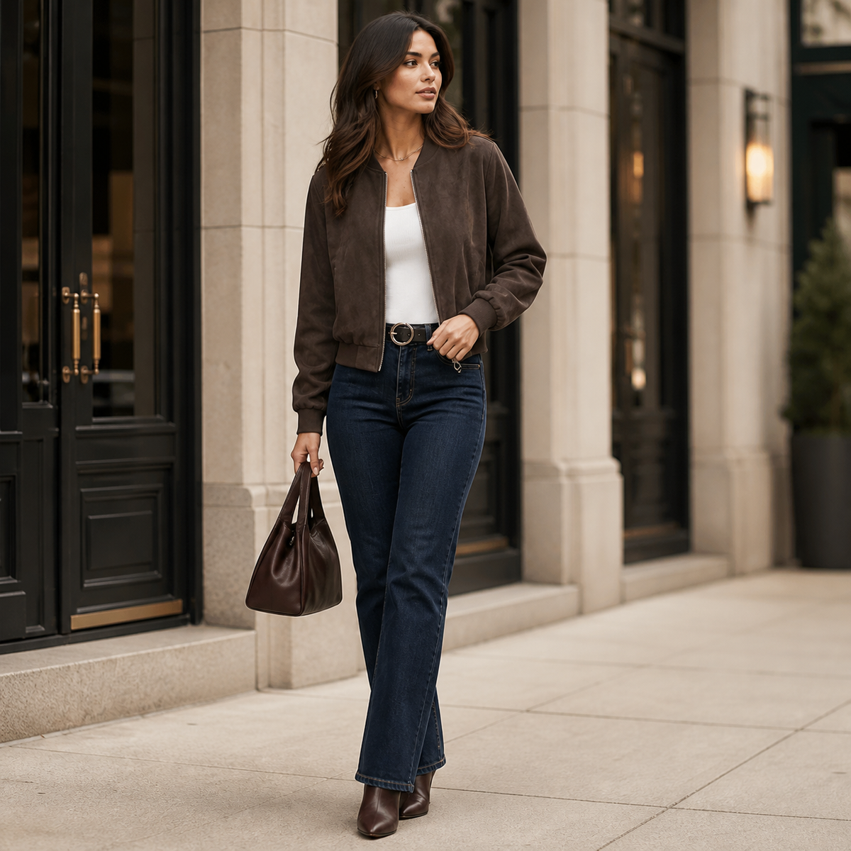 Womens Suede Look Bomber Jacket in coffee brown, view 1
