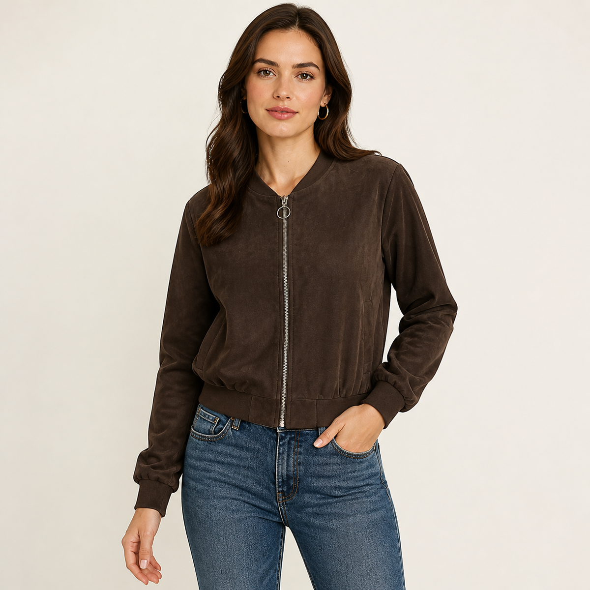 Womens Suede Look Bomber Jacket in coffee brown, view 2