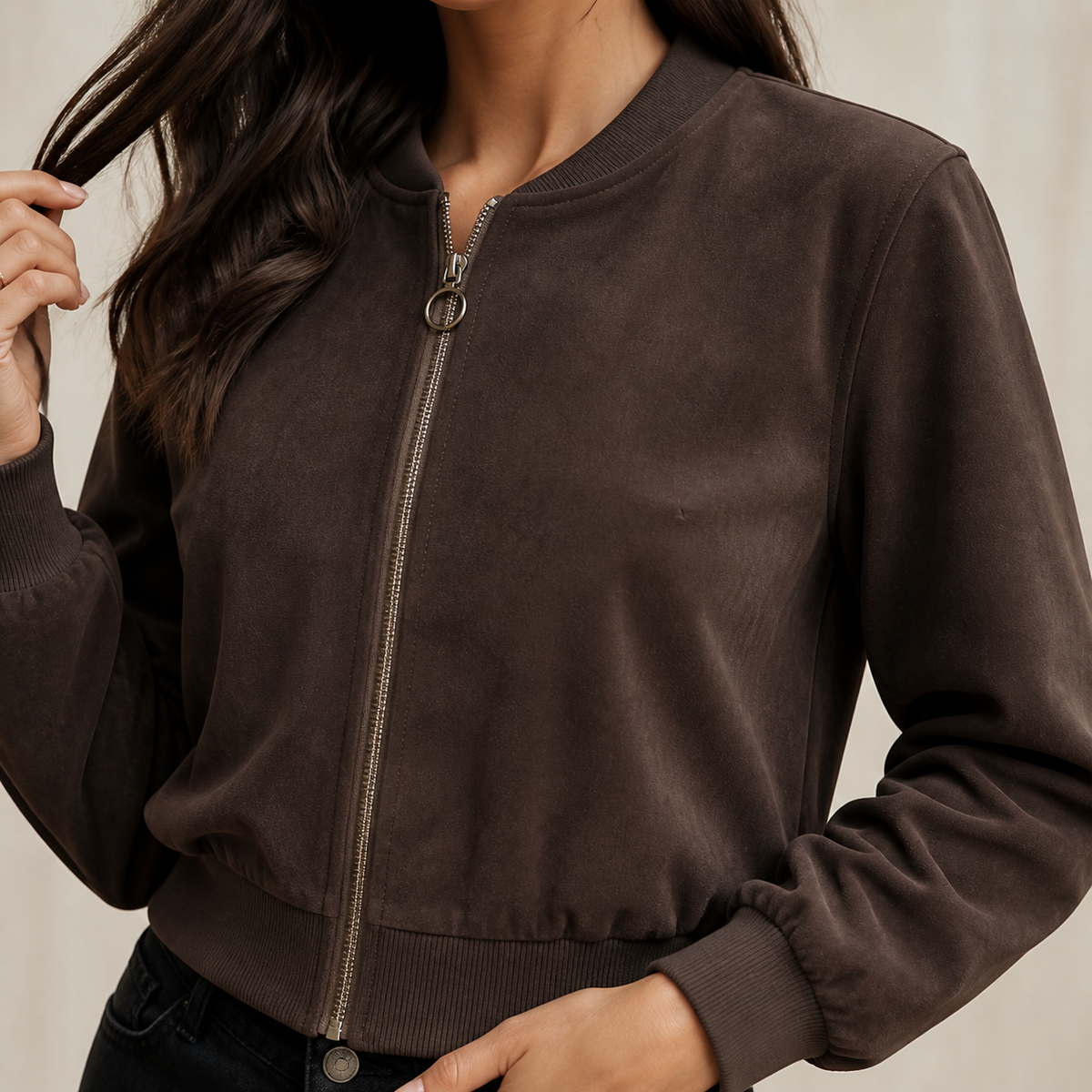 Womens Suede Look Bomber Jacket in coffee brown, view 3