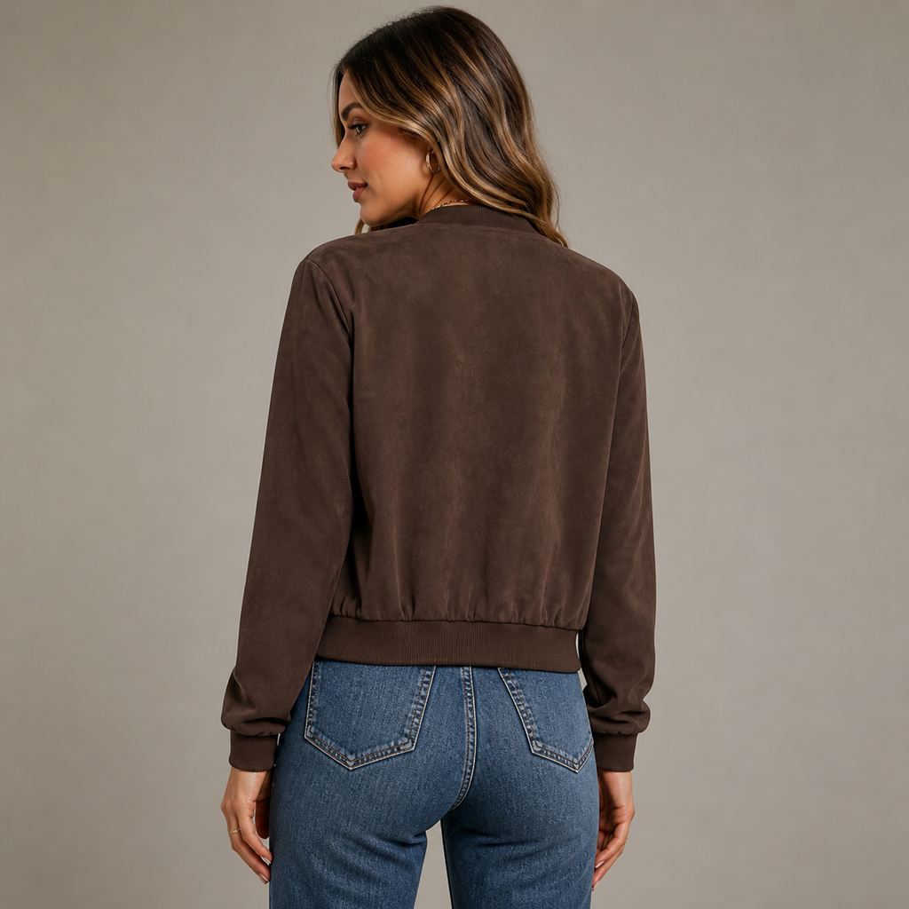 Womens Suede Look Bomber Jacket in coffee brown, view 4