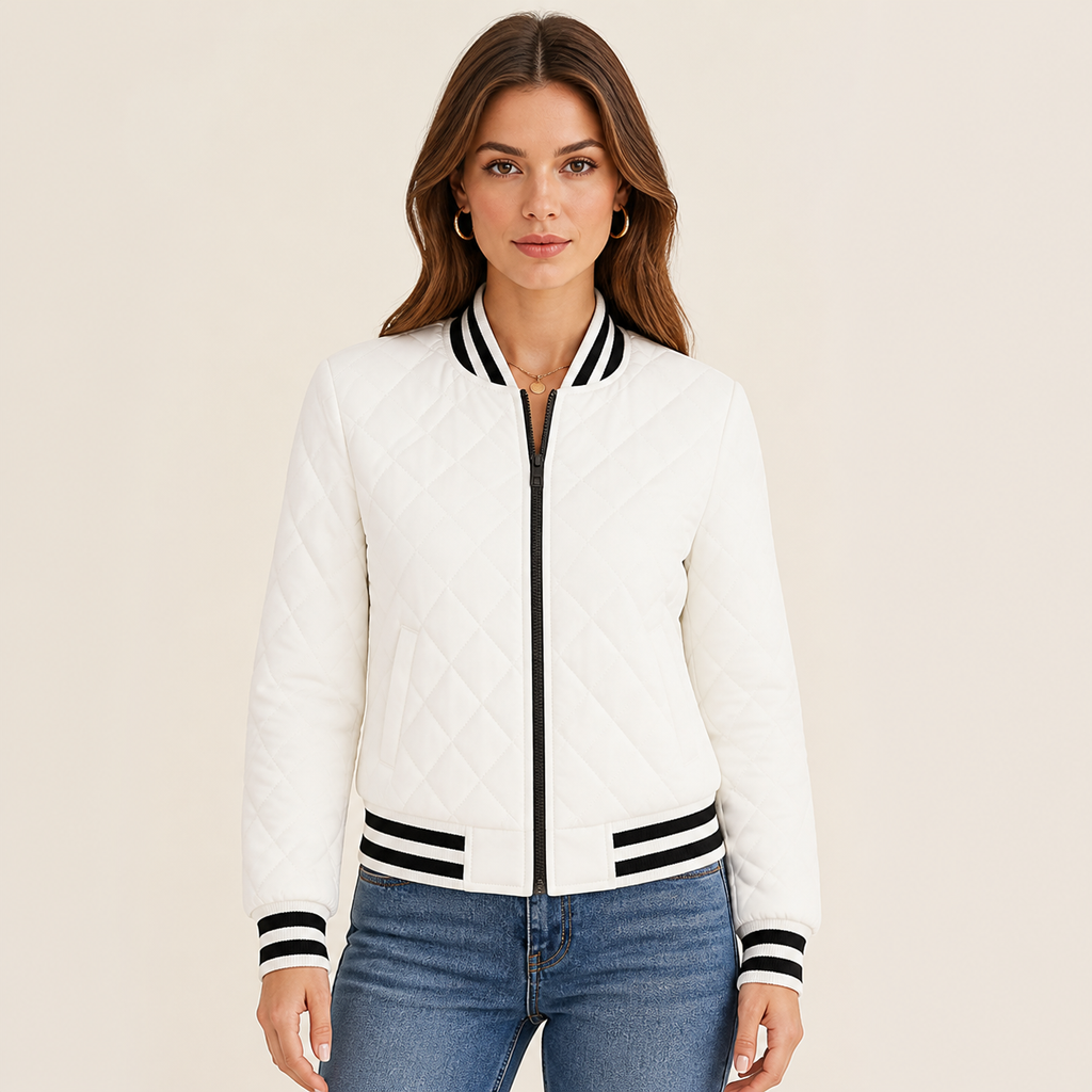 Womens Quilted Bomber Jacket in white, view 2