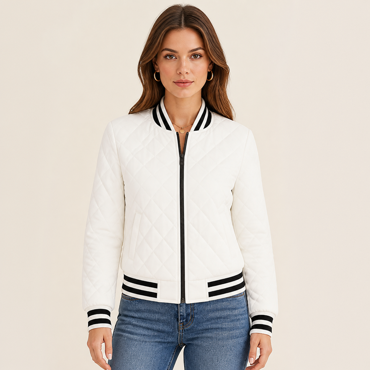 Womens Quilted Bomber Jacket in white, view 2