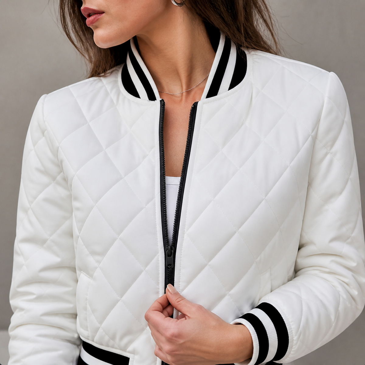 Womens Quilted Bomber Jacket in white, view 3