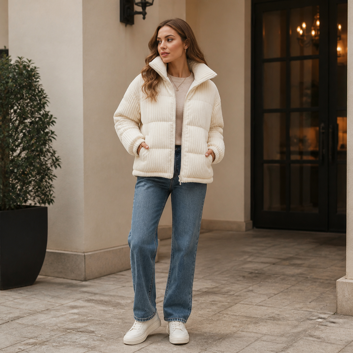 Womens Ribbed Puffer Jacket in beige, view 1