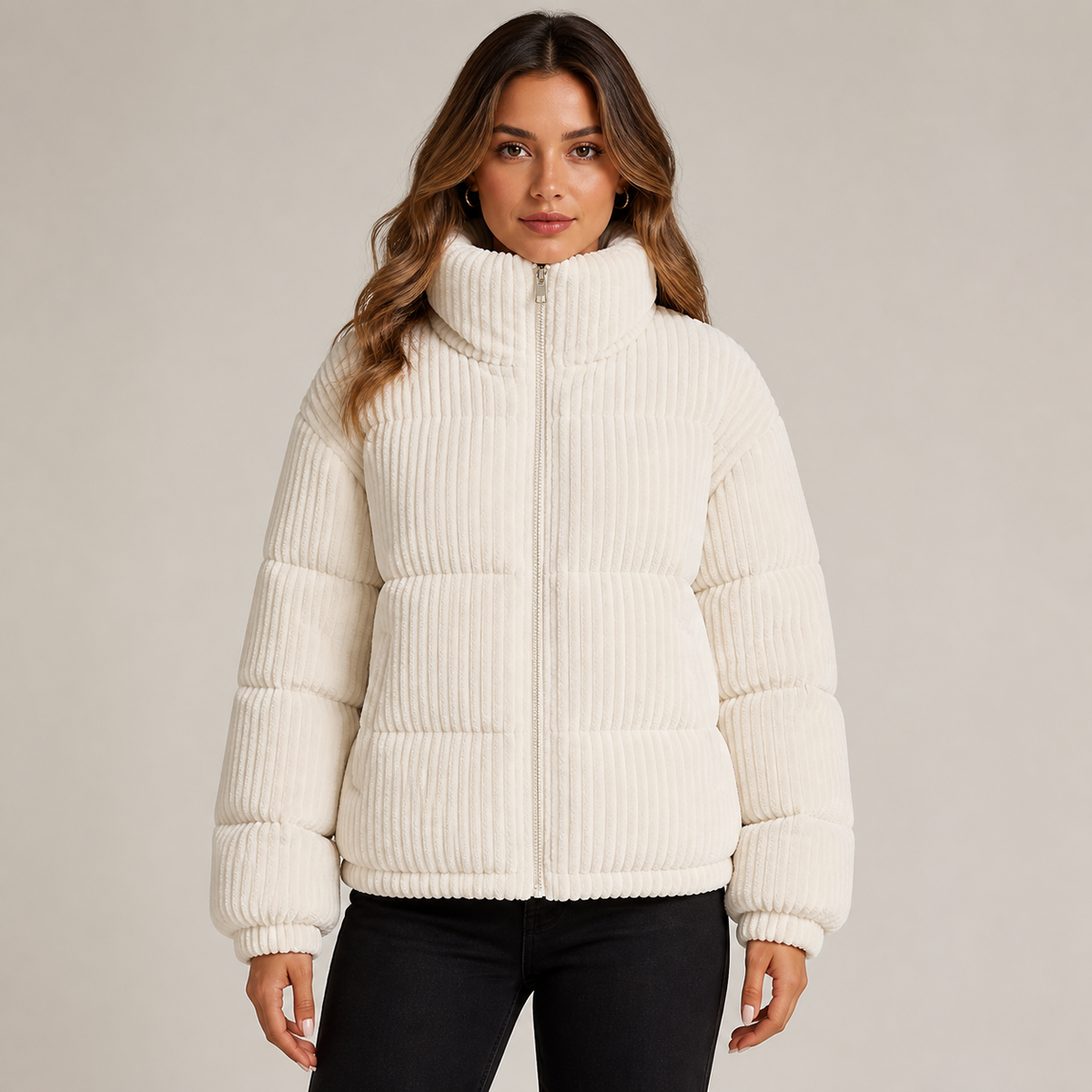 Womens Ribbed Puffer Jacket in beige, view 2