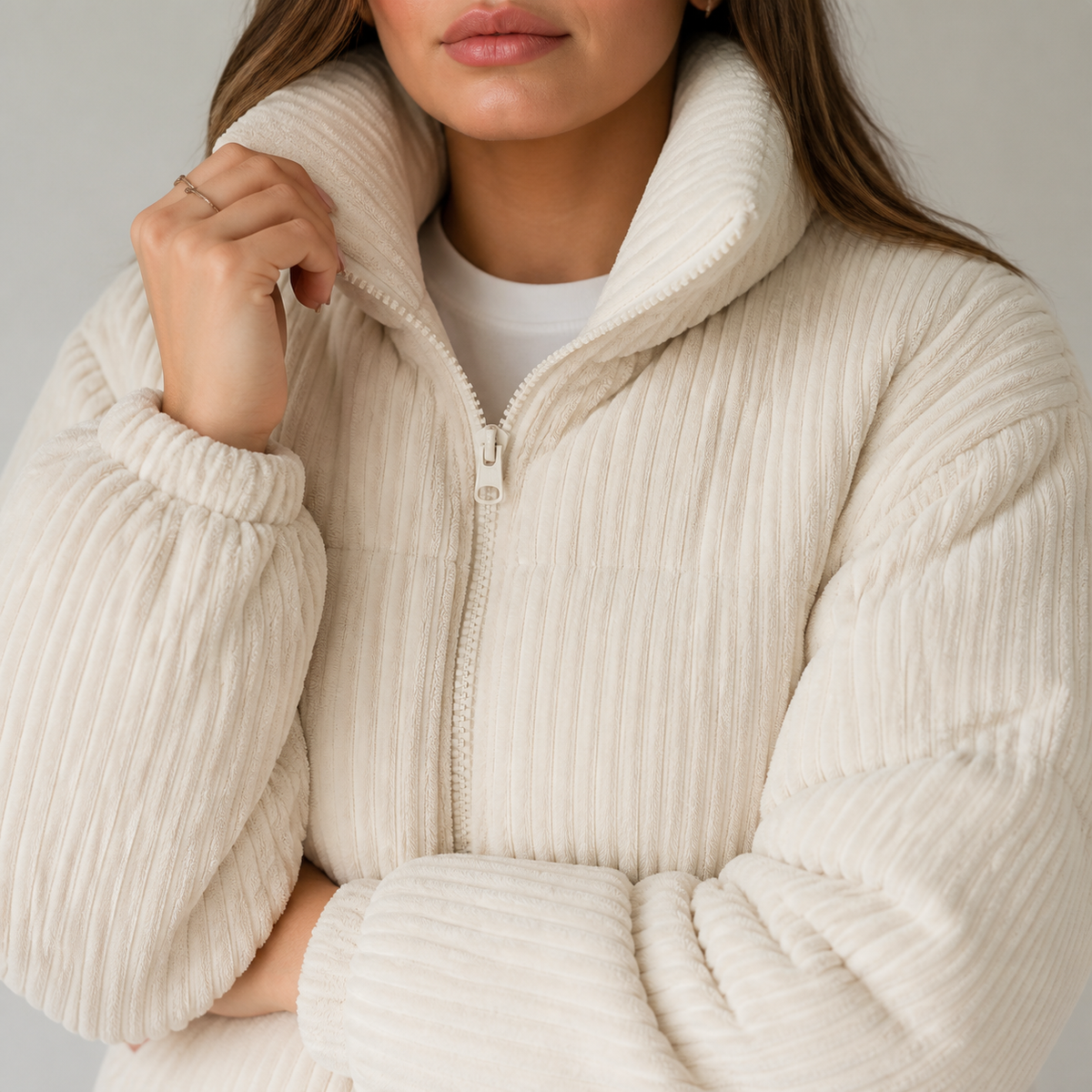 Womens Ribbed Puffer Jacket in beige, view 3