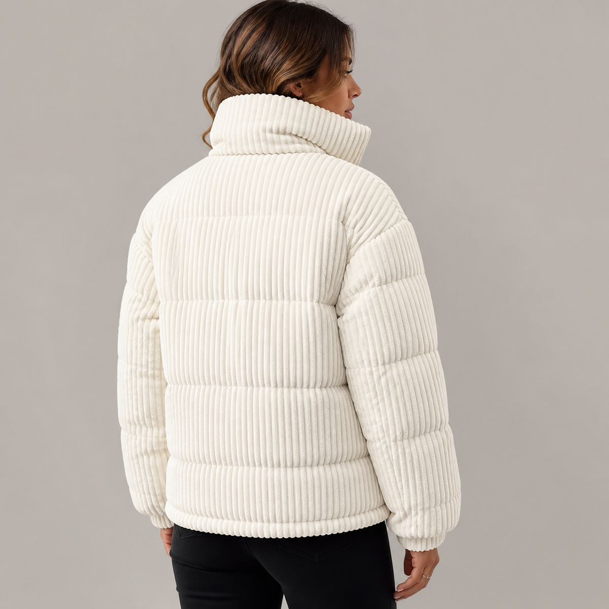 Womens Ribbed Puffer Jacket in beige, view 4