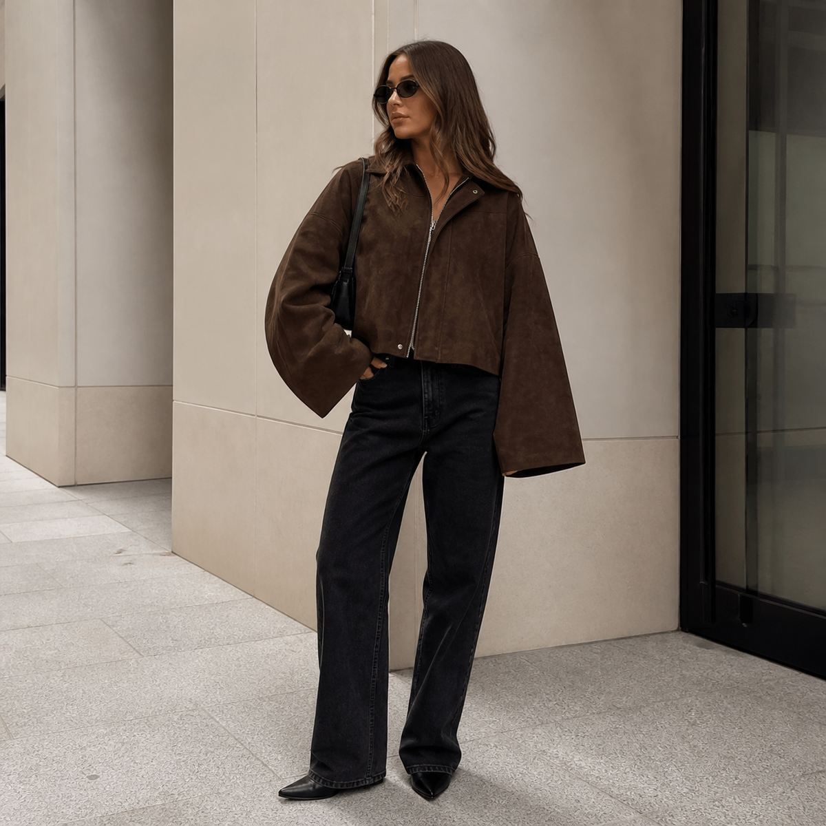 Womens Oversized Suede Look Jacket in coffee brown, view 1