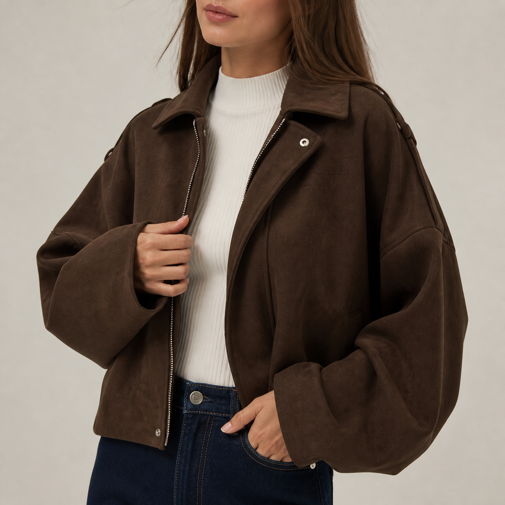 Womens Oversized Suede Look Jacket in coffee brown, view 3