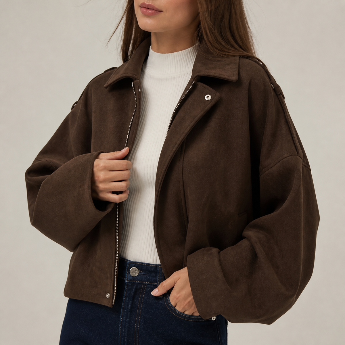Womens Oversized Suede Look Jacket in coffee brown, view 3