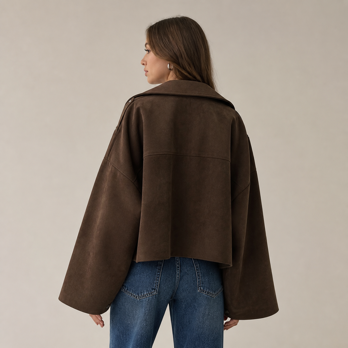 Womens Oversized Suede Look Jacket in coffee brown, view 4