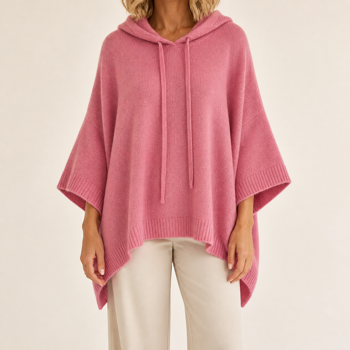 Womens Hooded Poncho Jumper in rose red, view 2