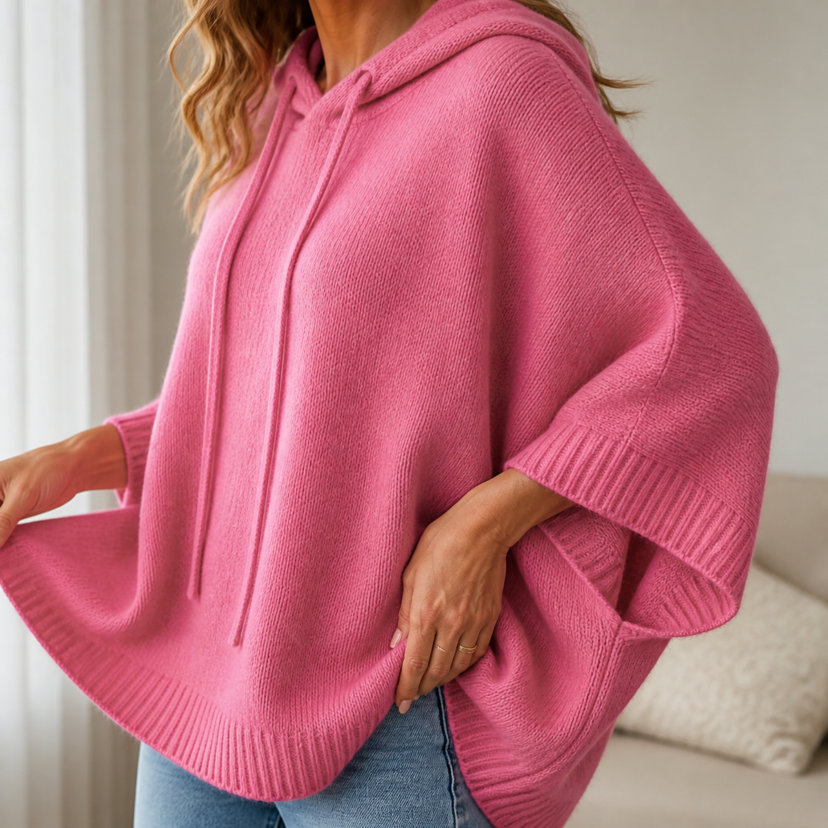Womens Hooded Poncho Jumper in rose red, view 3