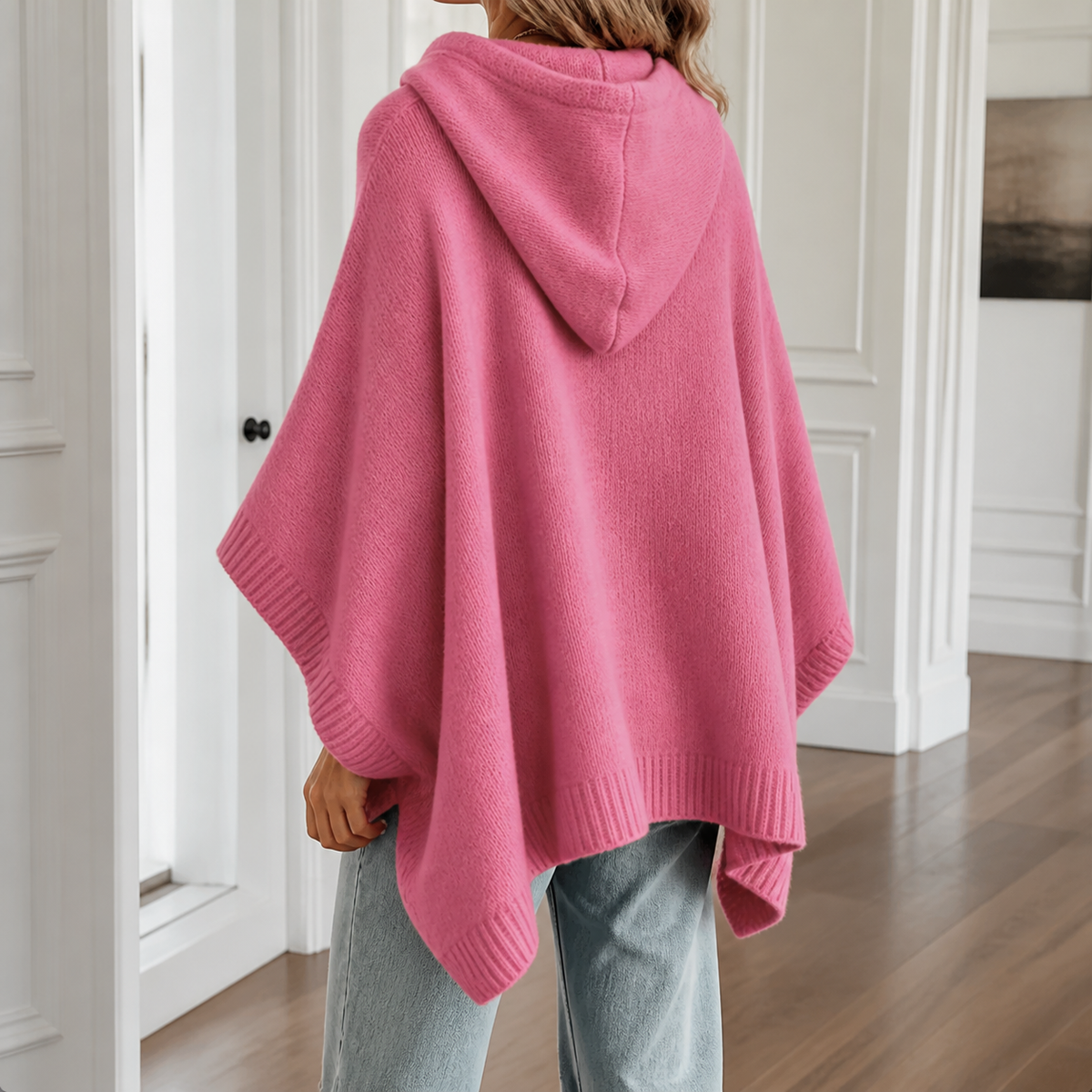 Womens Hooded Poncho Jumper in rose red, view 4