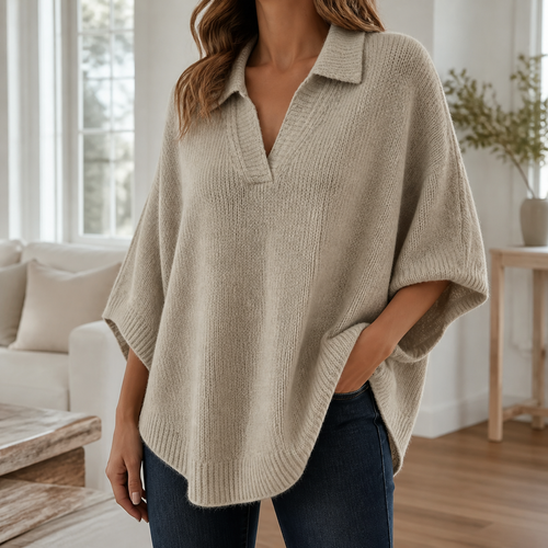 Womens Collared Poncho Jumper in khaki, view 1