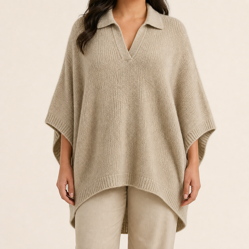 Womens Collared Poncho Jumper in khaki, view 2