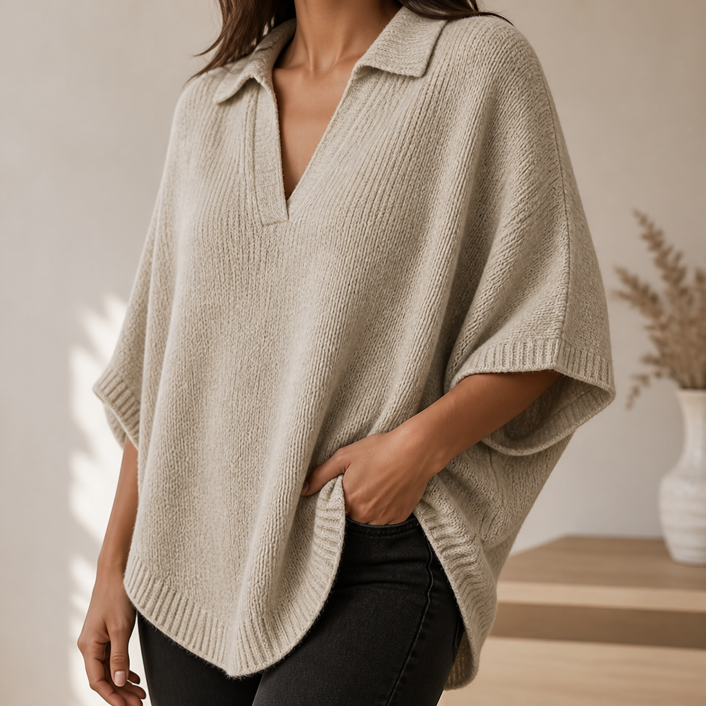 Womens Collared Poncho Jumper in khaki, view 3