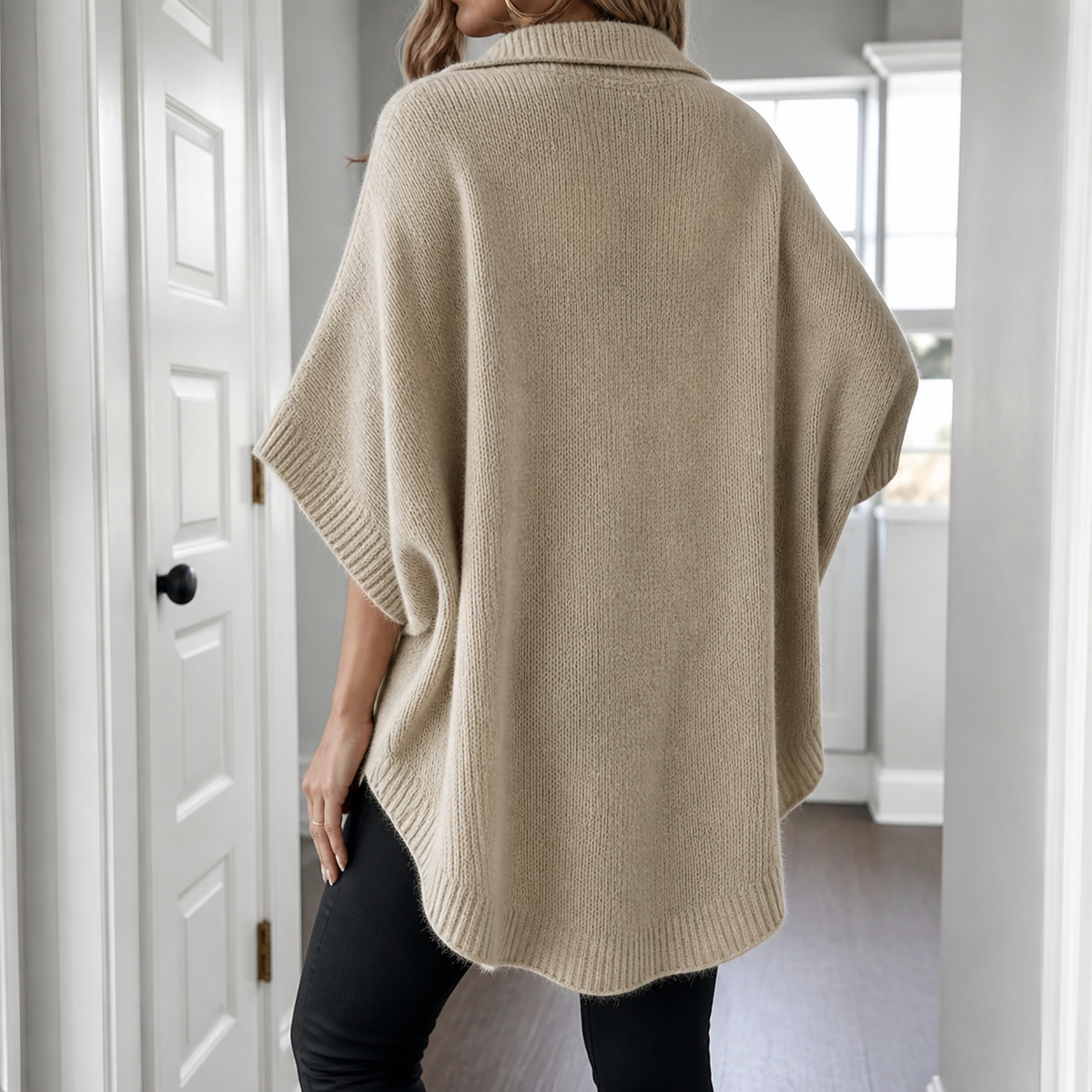 Womens Collared Poncho Jumper in khaki, view 4
