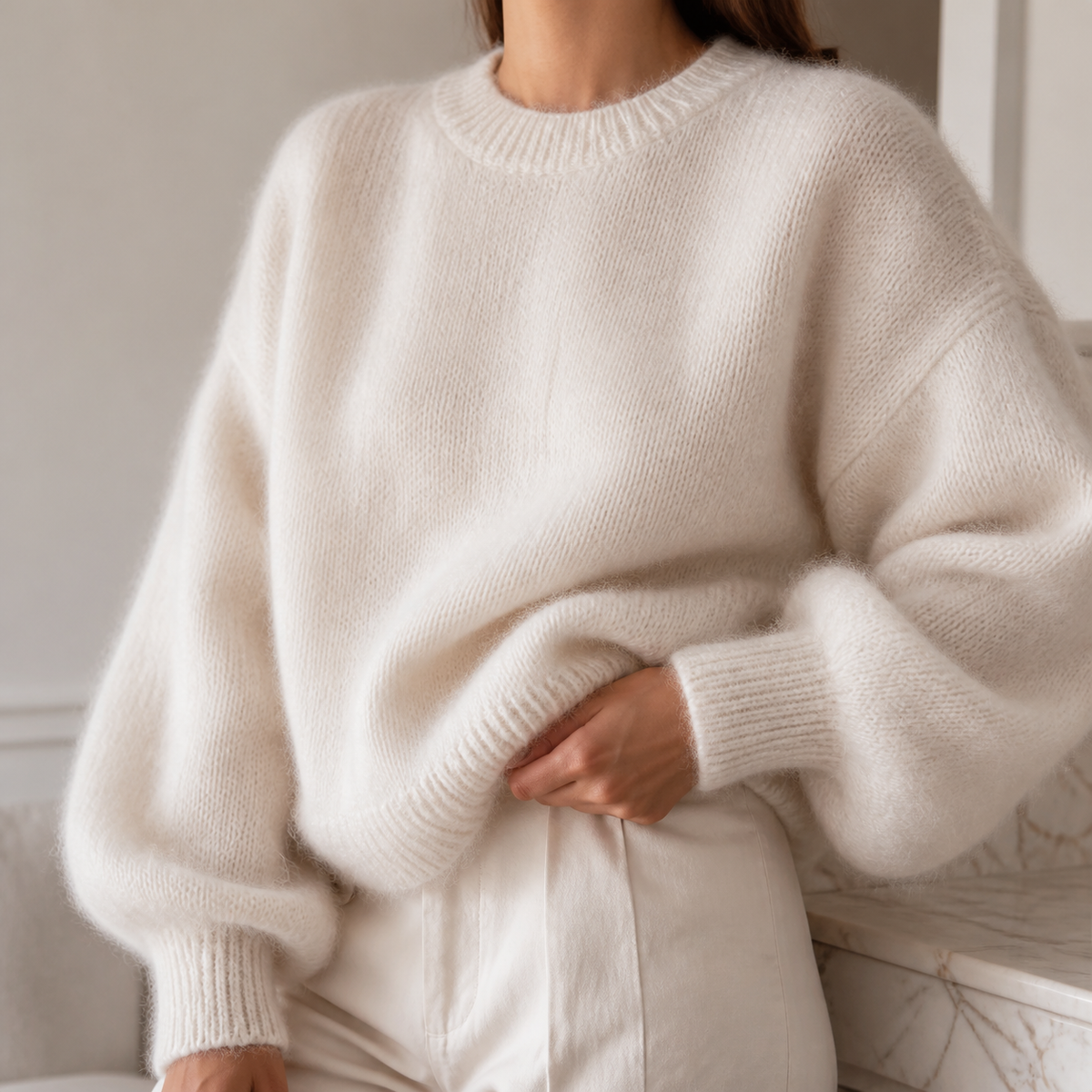 Womens Balloon Sleeve Jumper in milky, view 3