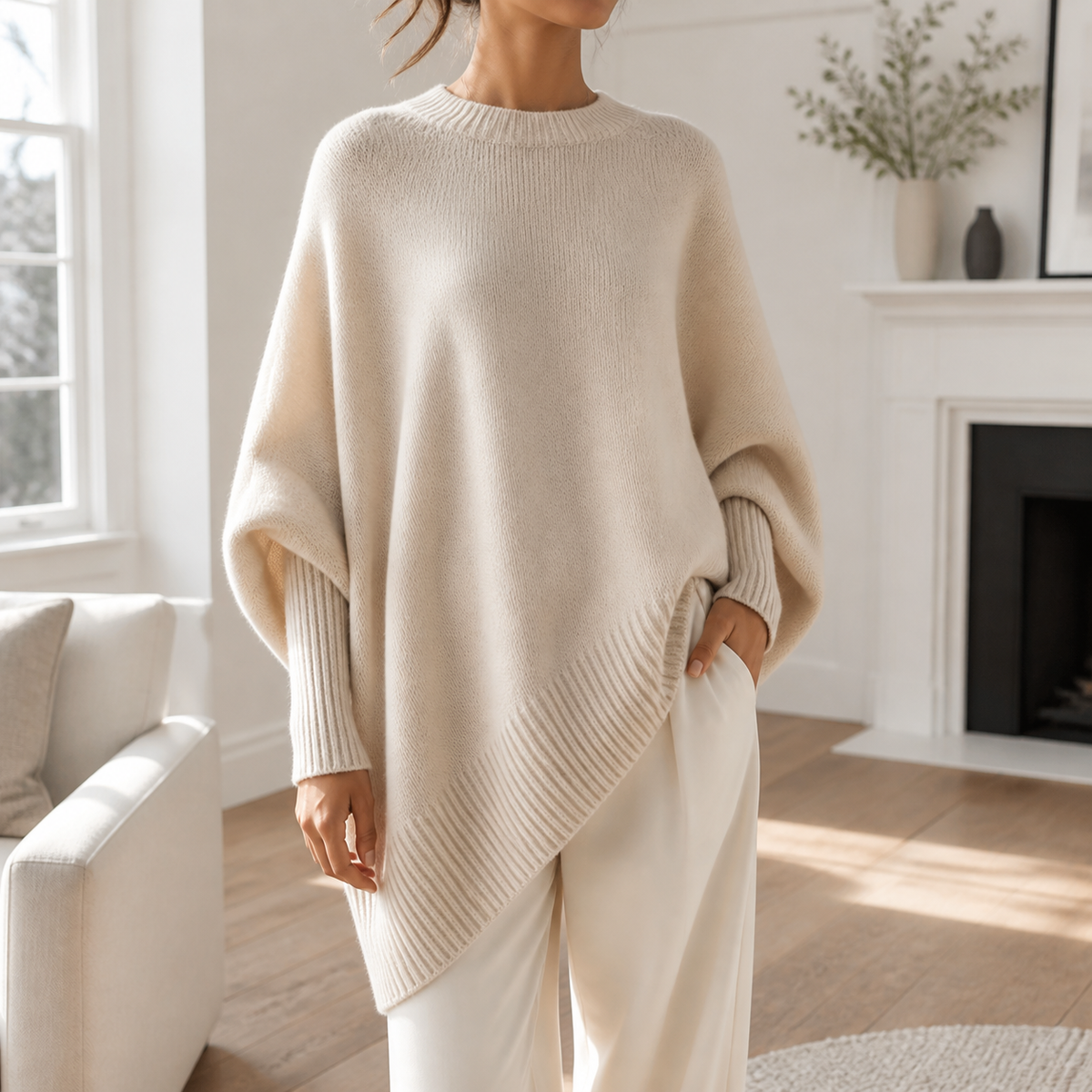 Womens Asymmetric Poncho Jumper in apricot, view 1