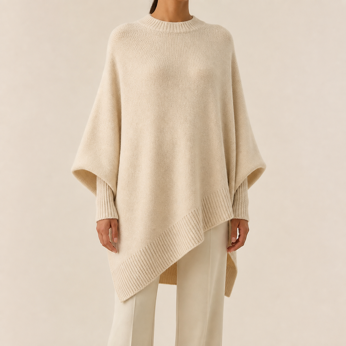 Womens Asymmetric Poncho Jumper in apricot, view 2