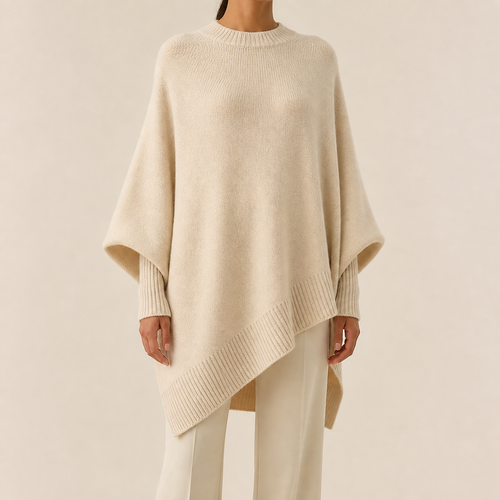 Womens Asymmetric Poncho Jumper in apricot, view 2