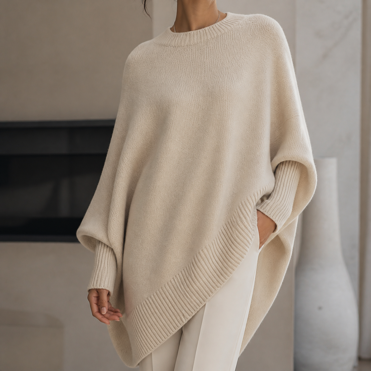Womens Asymmetric Poncho Jumper in apricot, view 3