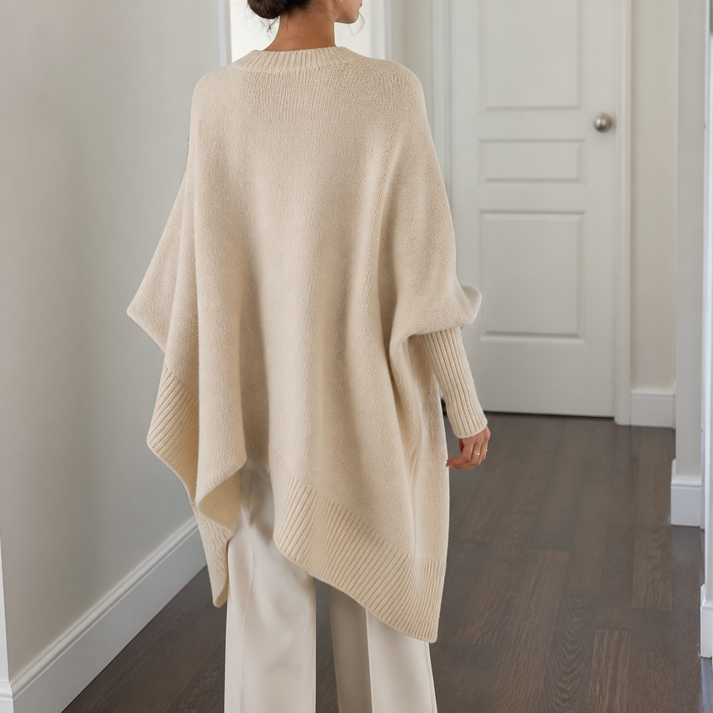 Womens Asymmetric Poncho Jumper in apricot, view 4