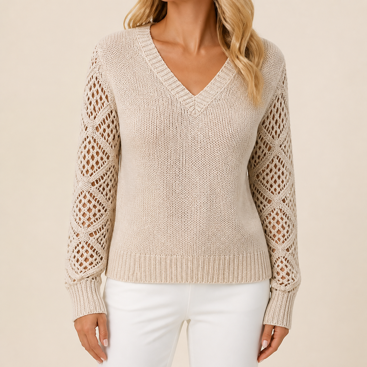 Womens Openwork Sleeve Jumper in apricot, view 2