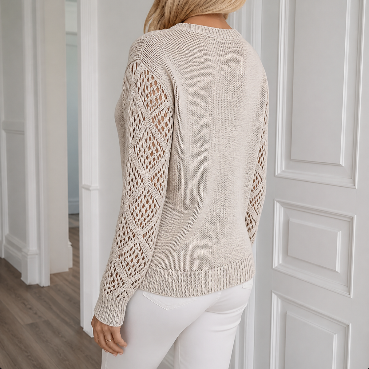 Womens Openwork Sleeve Jumper in apricot, view 4