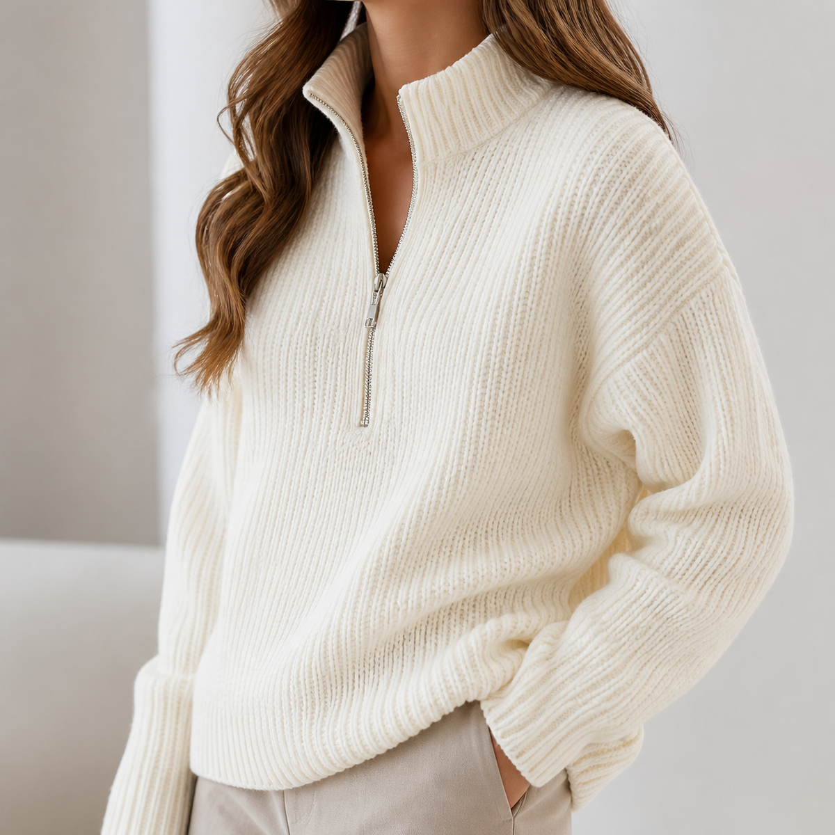 Womens Half Zip Jumper in white, view 3