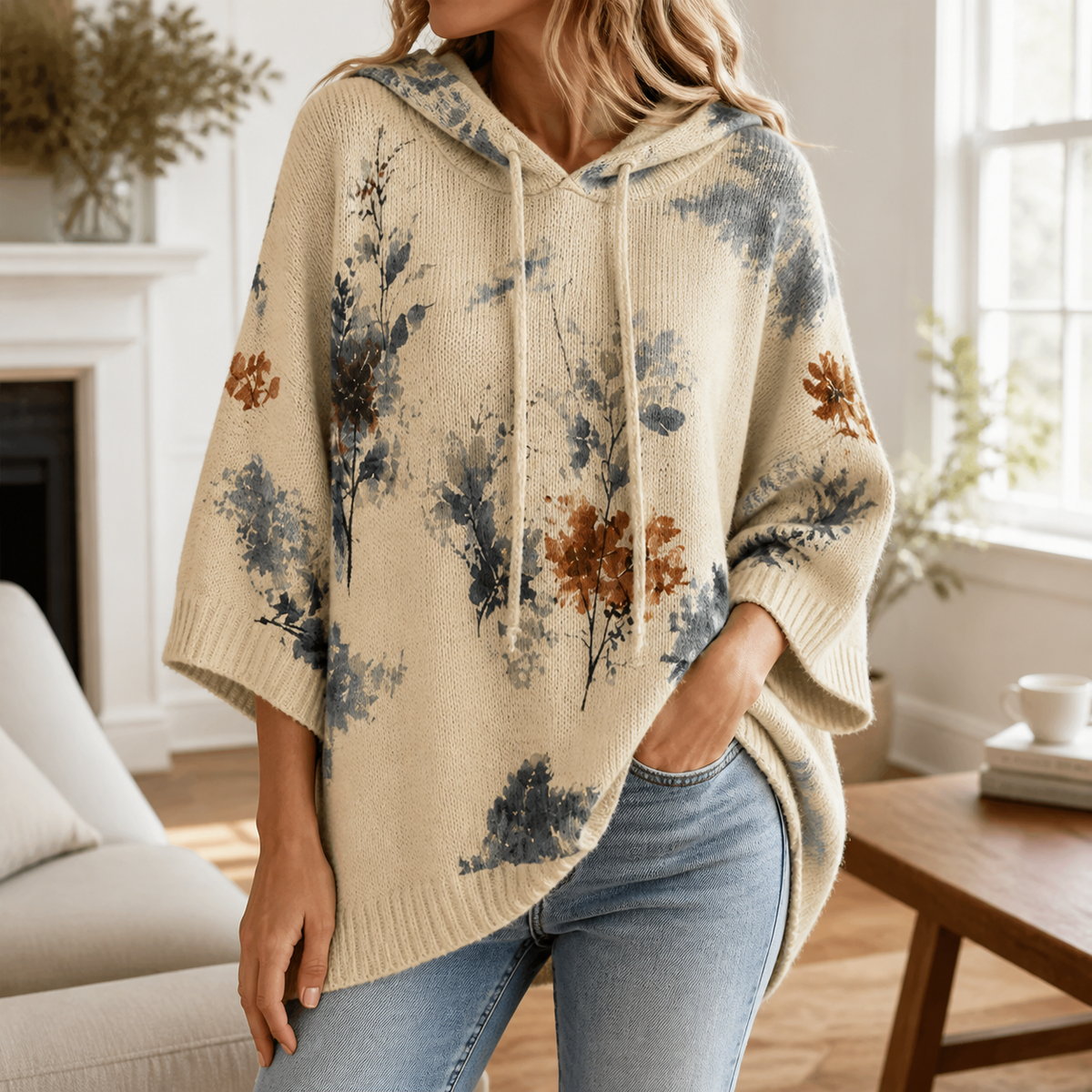 Womens Floral Hooded Poncho in apricot, view 1