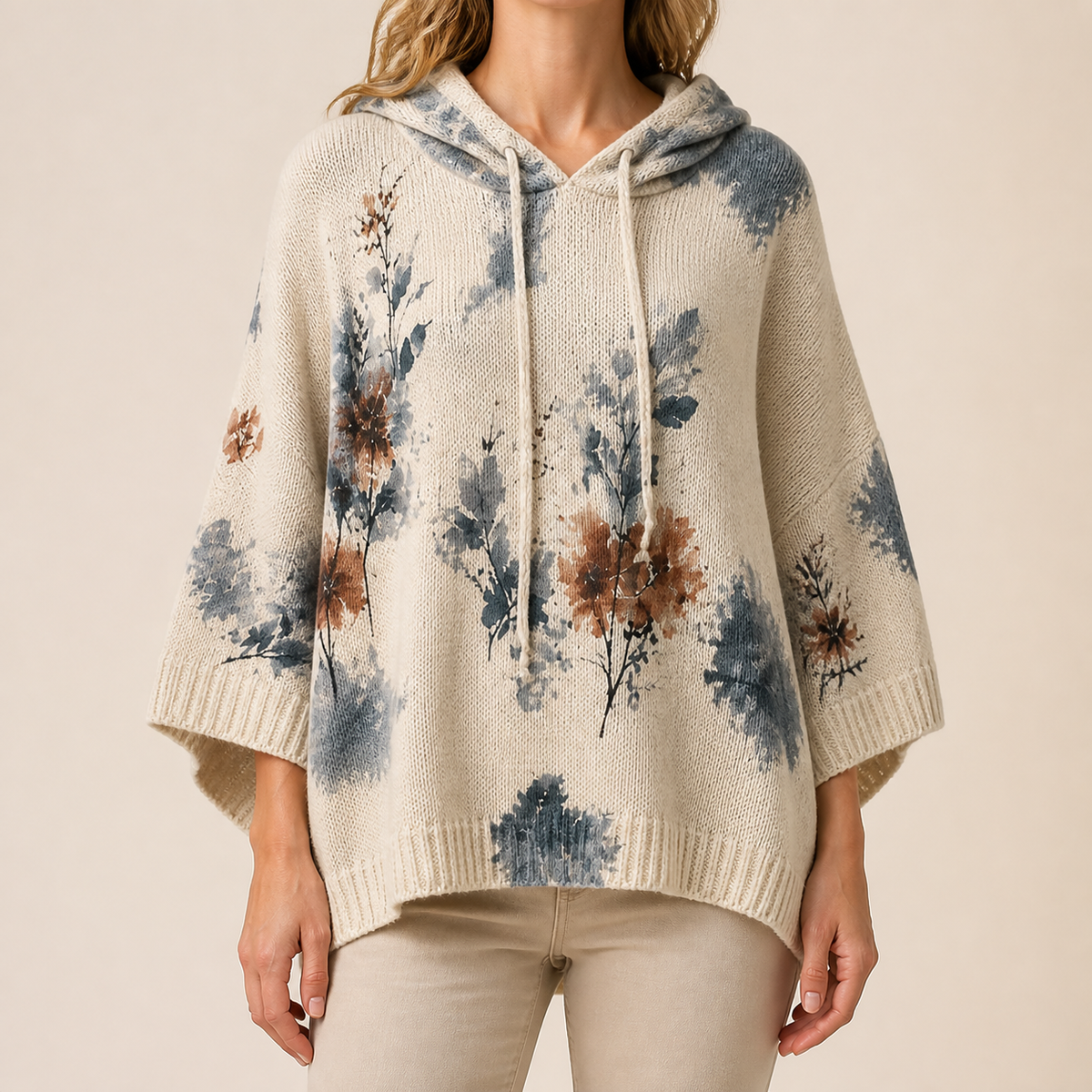 Womens Floral Hooded Poncho in apricot, view 2