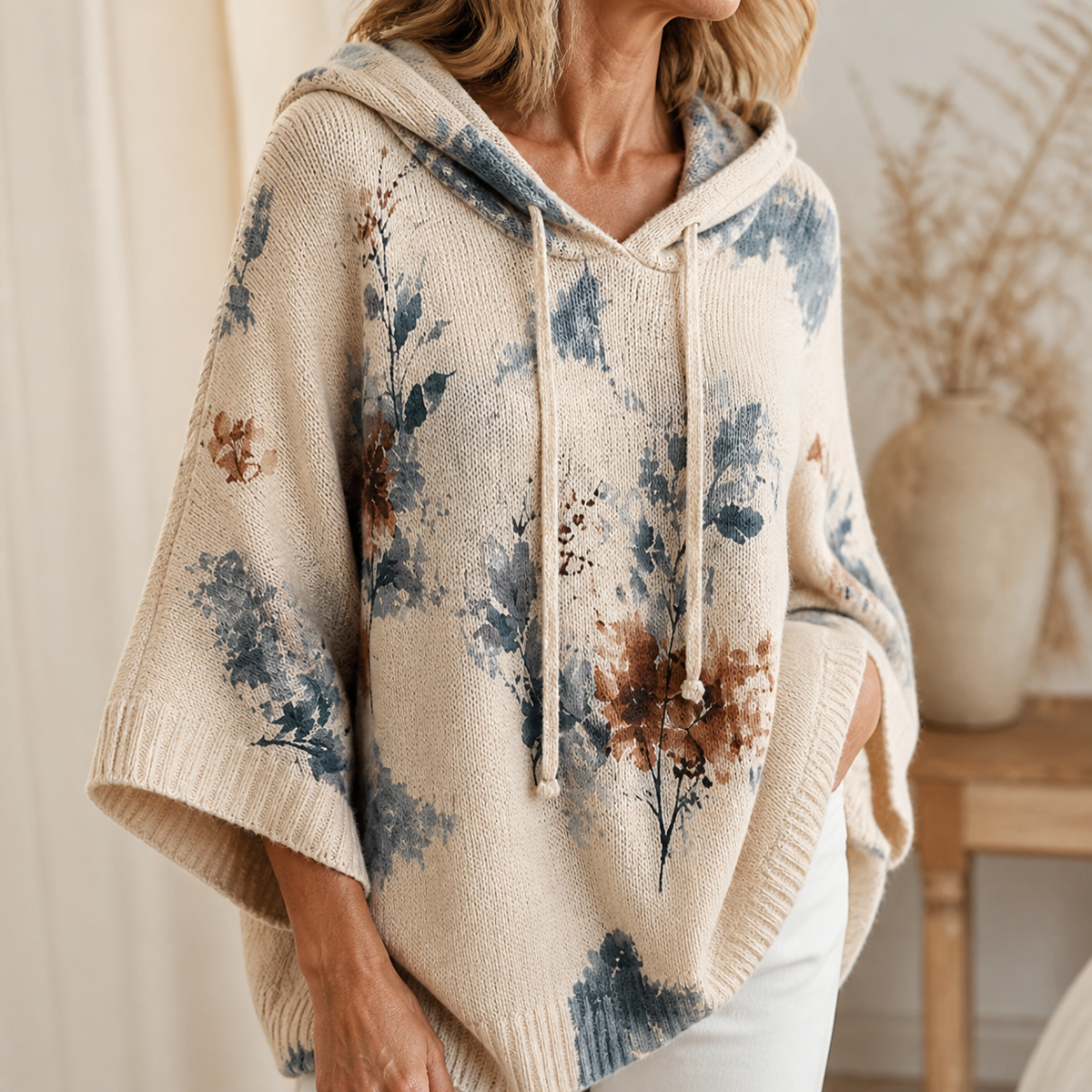 Womens Floral Hooded Poncho in apricot, view 3