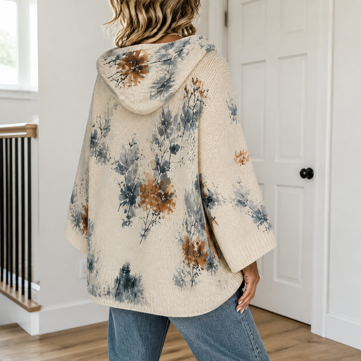 Womens Floral Hooded Poncho in apricot, view 4