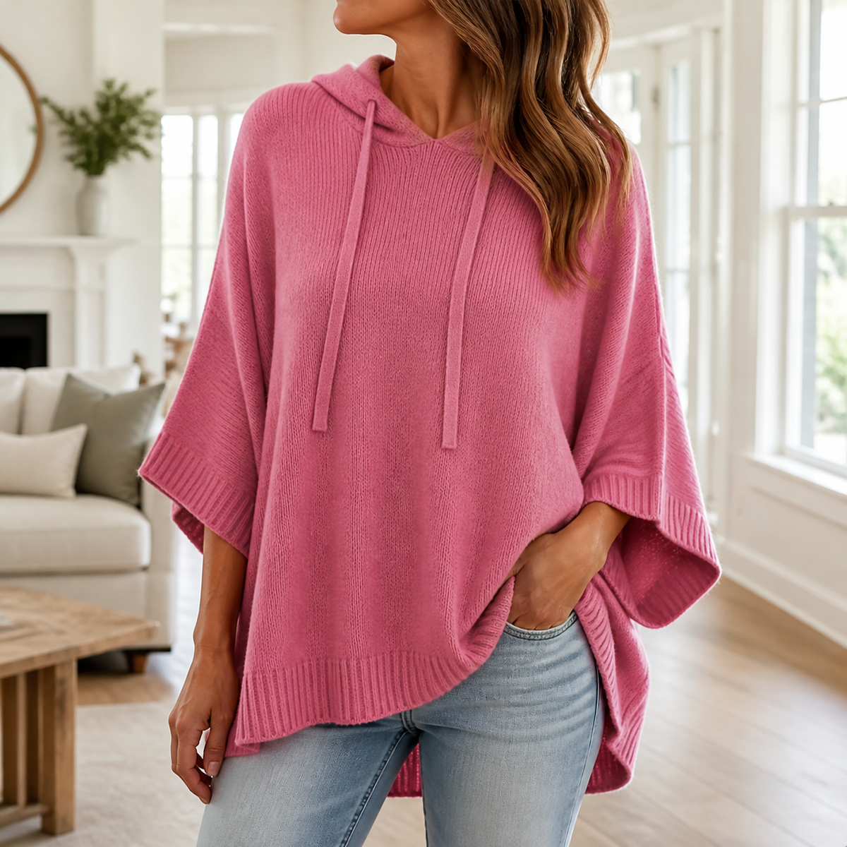 Womens Hooded Poncho Jumper in rose red, view 1